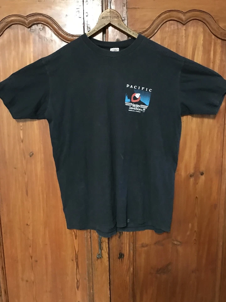 RARA CAMISETA DE COLECCIÓN AÑOS 80 Harley Davidson Hawaii Crazy para hombre grande negra Foto 3 de 4