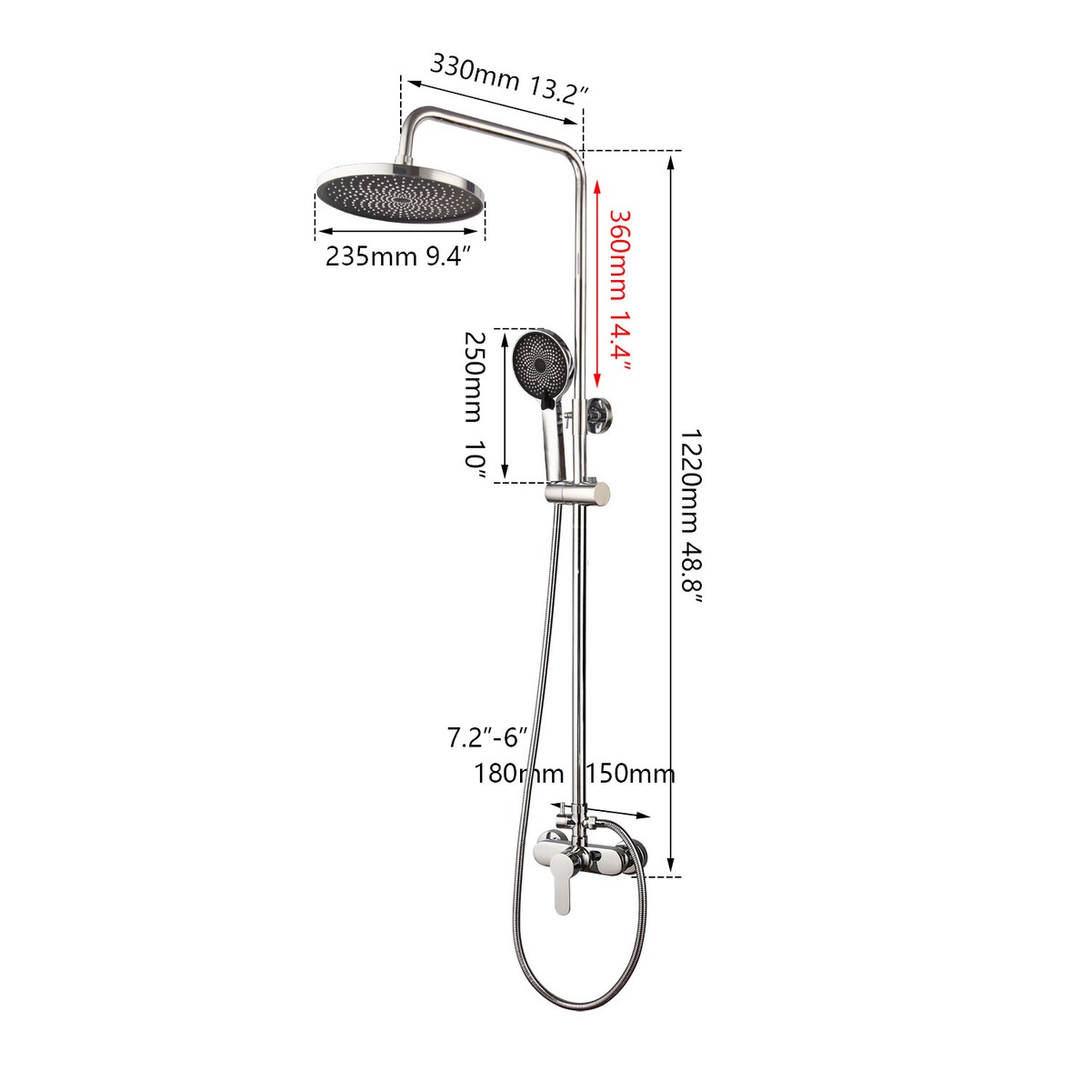 9" Chrome Bathroom Shower Faucet System Rain Head 2-Way Mixer