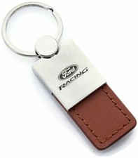 Ford Racing Keychain  Keyring - Duo Premium Brown Leather  Metal Key Fob