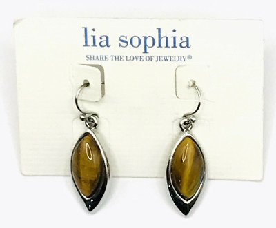 New! Lia Sophia ''Fawn'' Silver Tone Earrings w/Genuine Tiger's Eye