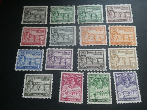 TURKS & CAICOS ISLANDS 1938 SET 16 TO 10/- INCL SHADES FINE MINT CAT £152