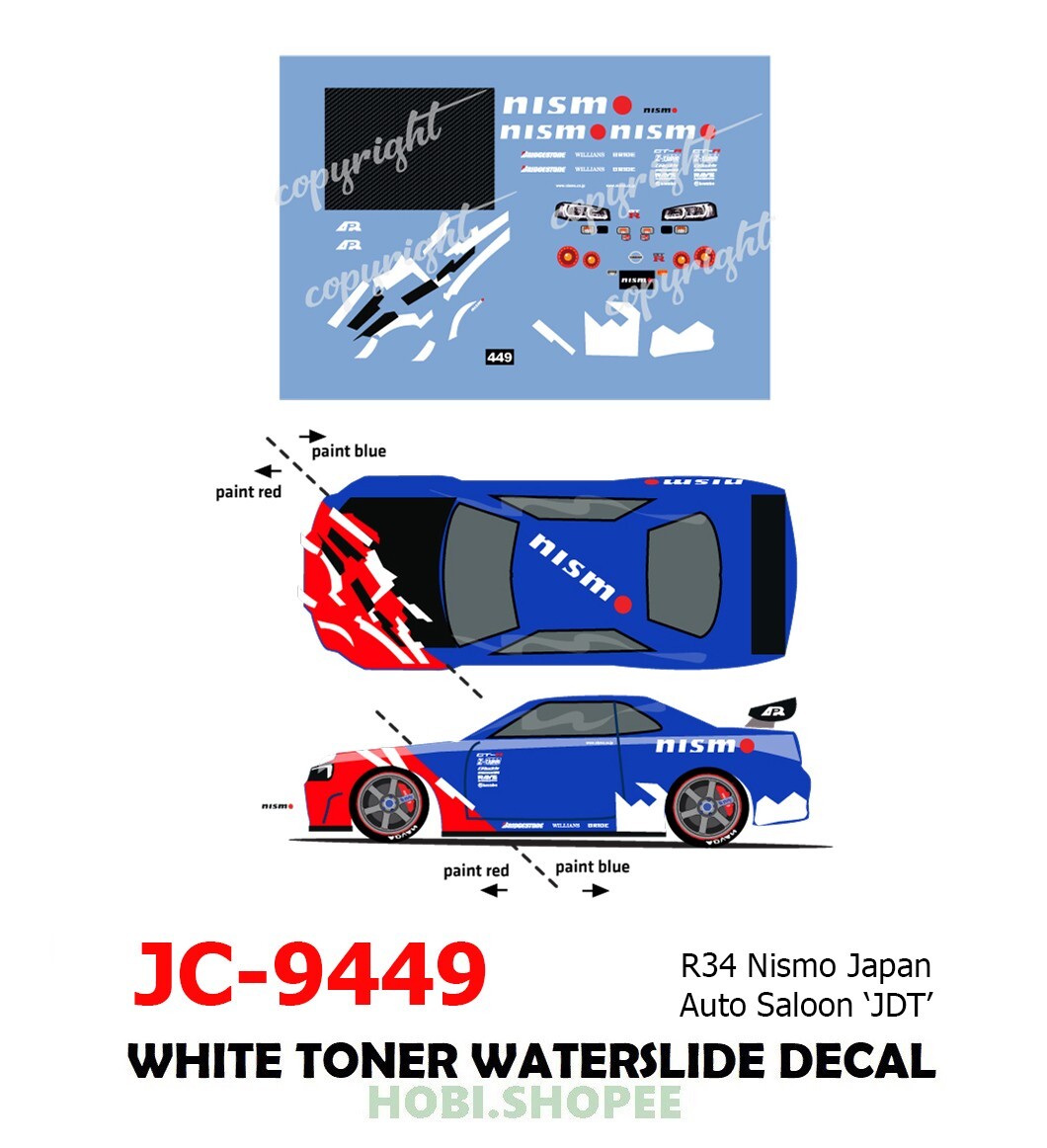 JC-9449 White Toner Waterslide Decals R34 Nismo JDT Diecast 1:64