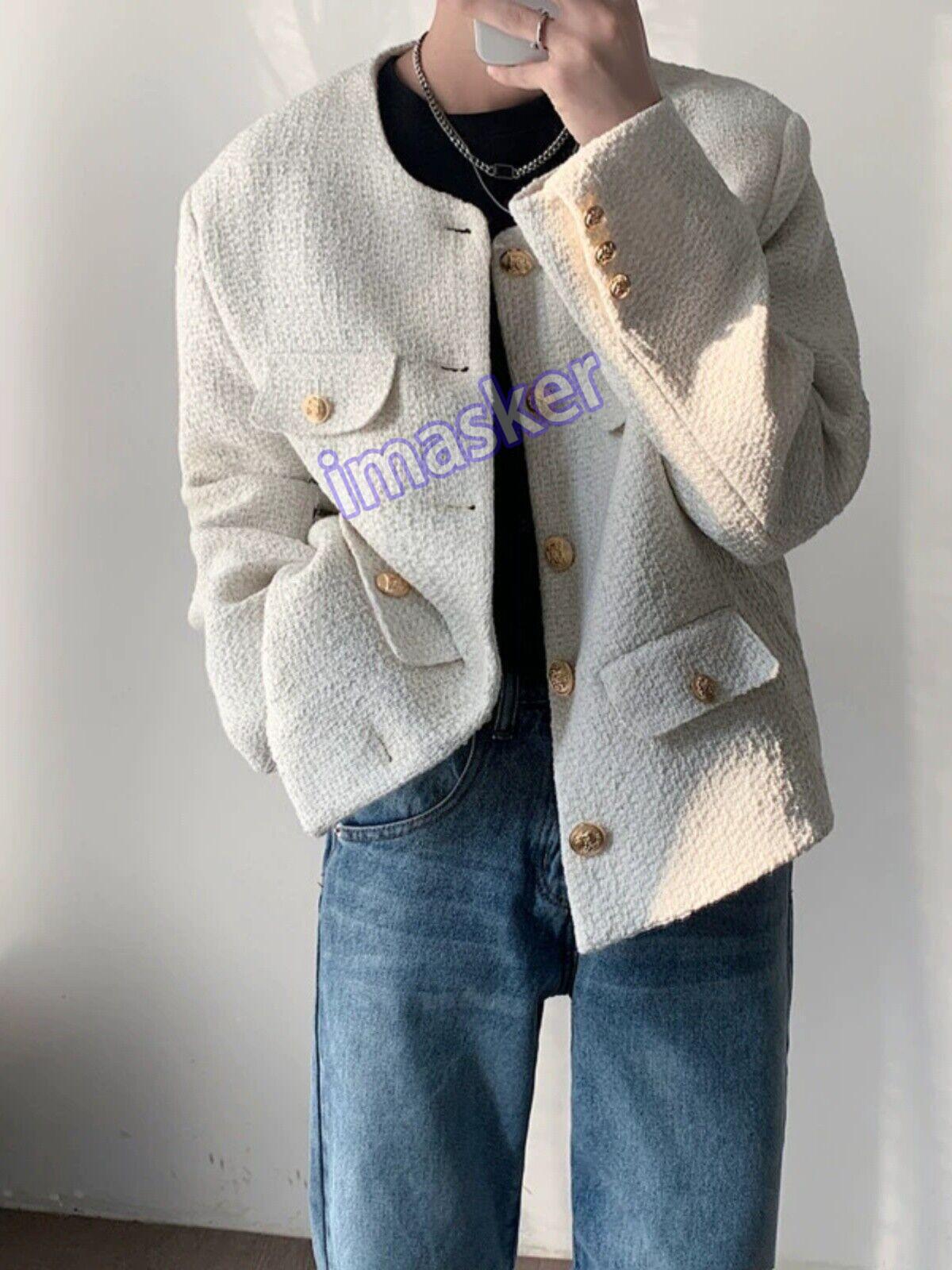 Korean Fragrance Tweed Round Neck Jacket Men Fashion Single-breasted Short Coats
