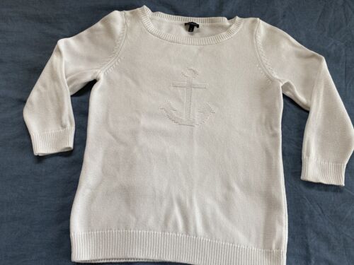 Talbots Sweater Small White 3/4 Sleeve Round Neck Anchor Nautical - Picture 1 of 7