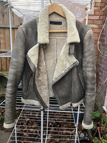 ZARA Ladies Jacket Vintage Look 100% Sheepskin Size Petite Medium Used Worn Cond - Picture 6 of 14