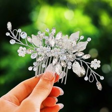 Leaf Bride Wedding Hair Comb Pearl Bridal Hair Piece Crystal Side A-Silver