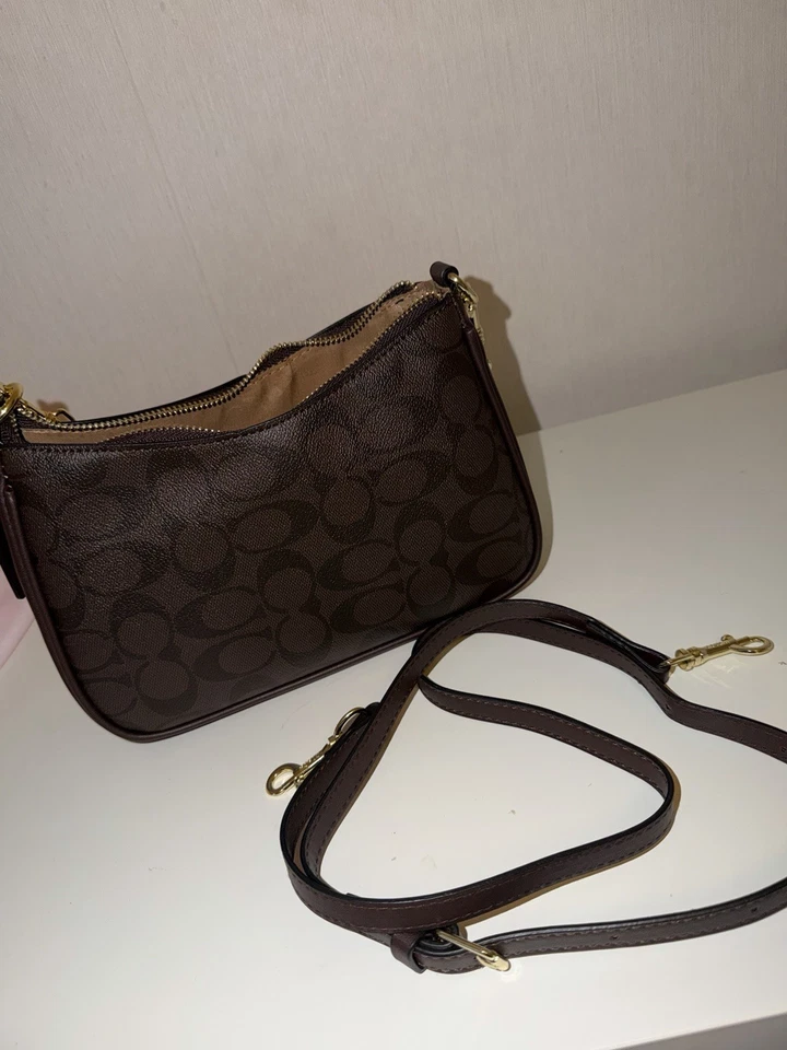 Coach sac bandoulière cuir/toile marron logo, sangle amovible, zip, dust bag - Photo 3/4