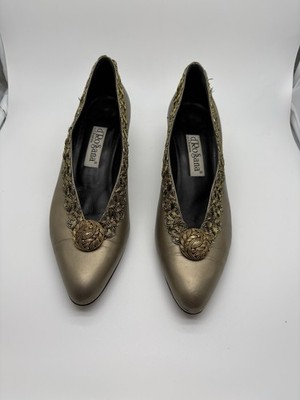 d Rossana By Charna Gold Leather Embellished Heels, Size 8
