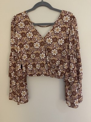 Peach Lane Boutique Blouse Retro 70s Floral Print Long Sleeve Women's Large