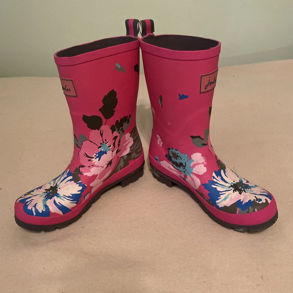 Joules 粉色花卉 Molly We'll 橡胶靴 7 码带金色扣跟 — 第 3/4 张图片