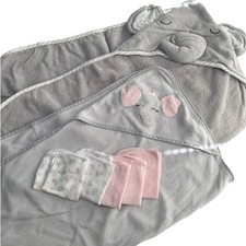 Elephant Hooded Bath Towel Bundle Washcloths Gray Pink