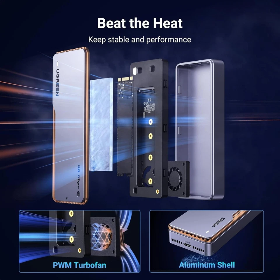 UGREEN 40Gbps M.2 NVMe SSD Enclosure, TB4 NVMe Enclosure with Cooling Fan, Alumi - Image 4 of 4