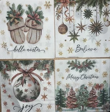 FOUR Paper BEVERAGE/COCKTAIL Decoupage Art Craft Napkins Christmas Mittens/trees