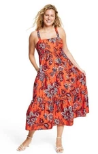 Rhode X Target Leafy Tiered Midi Dress Women 2X Orange Fall Floral Bohemian