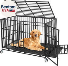 49 Inch Heavy Duty Dog Crate with Wheels, Escape Proof Metal Kennel with 3 Doors