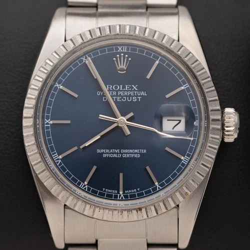 Rolex Datejust 16030 Engine-Turned Bezel Watch 36mm Dark Blue Dial
