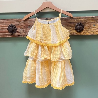 Haute Hippie Kids Yellow Gingham Tiered Tassel Fringe Cotton Dress 4T Sleeveless