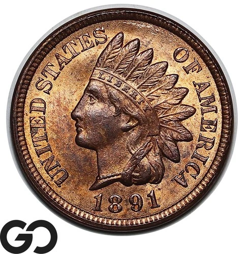 1891 Indian Head Cent Penny, Red Brown, Very Lustrous Gem BU++ RB