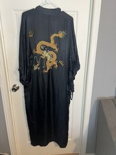 Vintage Golden Dragon Women's Sz XL 100 Silk Robe Kimono Dragon Hand Embroidery