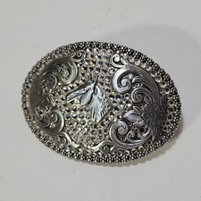 Nocona Western Belt Buckle Horse Flower Jewels Rodeo Silver