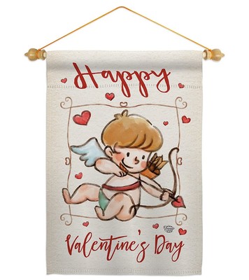 Happy Day Cupid Garden Flag Set Wood Dowel Springtime Valentine Heart Couple ...