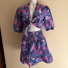 Lilly Pulitzer 2 Piece Floral Top Skirt Set S Blue Pink Cotton Smocked