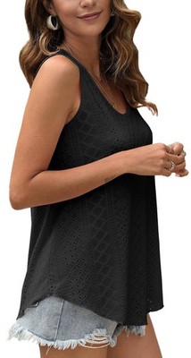 Damen Tank Tops Ärmellos Ösen Stickerei Rundhalsausschnitt Lockere Passform2583