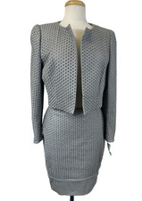 Escada Light Gray Eyelet Jacket Skirt Set DE40/US10