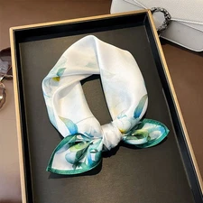 100% Silk Scarf Women White Green Flowers Kerchief Square Bandana Wrap 53*53cm