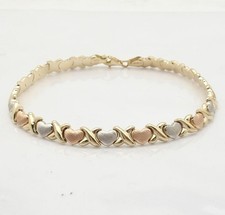 Hearts  Kisses Bracelet Genuine 14K Yellow White Rose TriColor Gold ALL SIZES