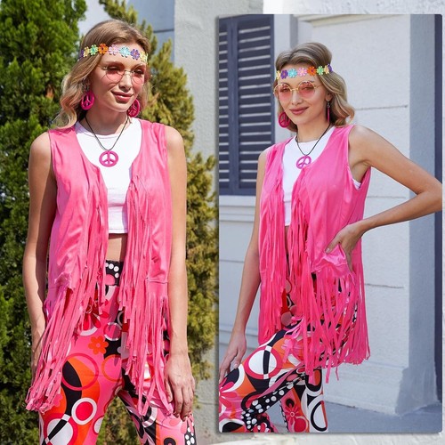 Hippie Flower Headband, Fringe Vest & Peace Sign Earrings – Retro Style Set - Picture 8 of 8