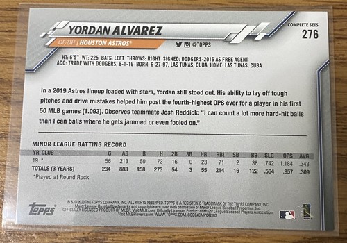 YORDAN ALVAREZ Topps 2020 Factory Set RC Rookie. Photo Variant SP. Astros - Picture 2 of 2