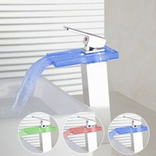 LED Bathroom Basin Faucet Tempered Glass Waterfall Spout Mixer Deck Mounted Taps