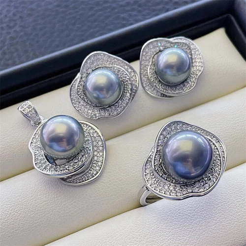 Gorgeous AAAA 9-10mm South Sea Gray Stud Pearl Pendant Earring Ring Set 925s...