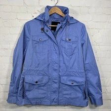 Talbots Chore Jacket Womens Small Blue Hooded Barn Coat Pockets Cinch Waist