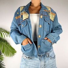 Vintage 90s Patchwork Embellished Bohemian Cottagecore Blue Denim Jacket / S/m