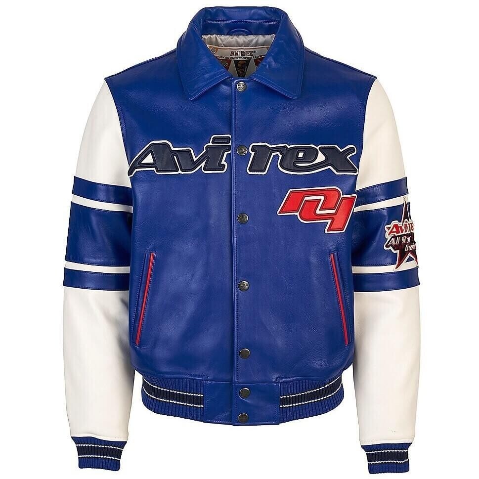 Avirex Mens Blue Stars and Stripes Cowhide Leather Jacket for Goal Collection