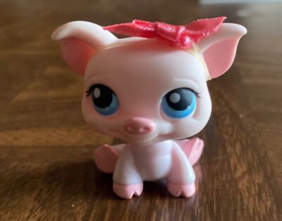 LITTLEST PET SHOP PIG PALE BLUE EYES 87 WITH PINK BOW ORIGINAL ACCESSORY  AUTHENT