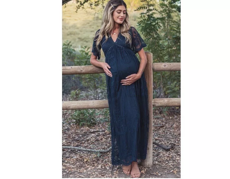 PinkBlush Size Medium Navy Blue Lace Mesh Overlay Maternity Maxi Dress