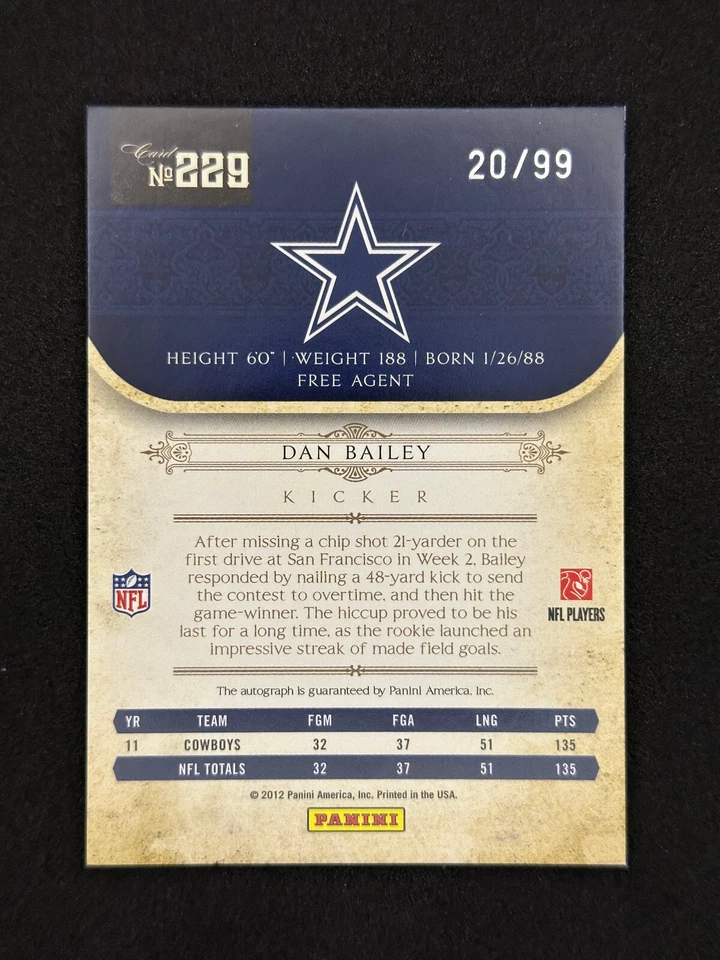 2011 National Treasures Rookie Signature Auto #229 Dan Bailey RC /99 DAL Cowboys - Image 2 of 2