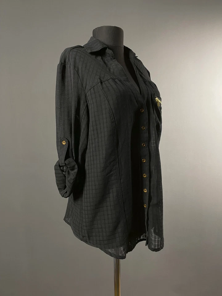 Blusa Camisa Top Túnica Bebe Negra Transparente Y2K Oro Cremallera Manga Larga Talla M Foto 3 de 4