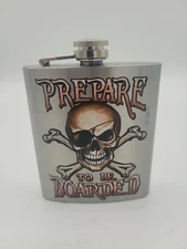 Jolly rogers pirate hip flask, "Prepare to be Boarded" Stainless Steel 7 oz
