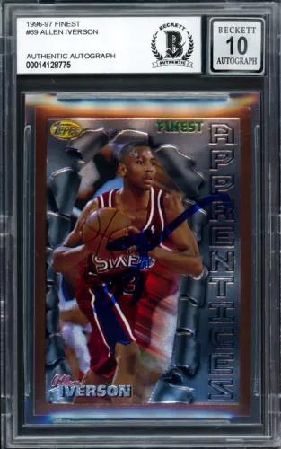 ALLEN IVERSON AUTOGRAPHED 1996-97 TOPPS FINEST RC 76ERS GEM AUTO BECKETT 205790