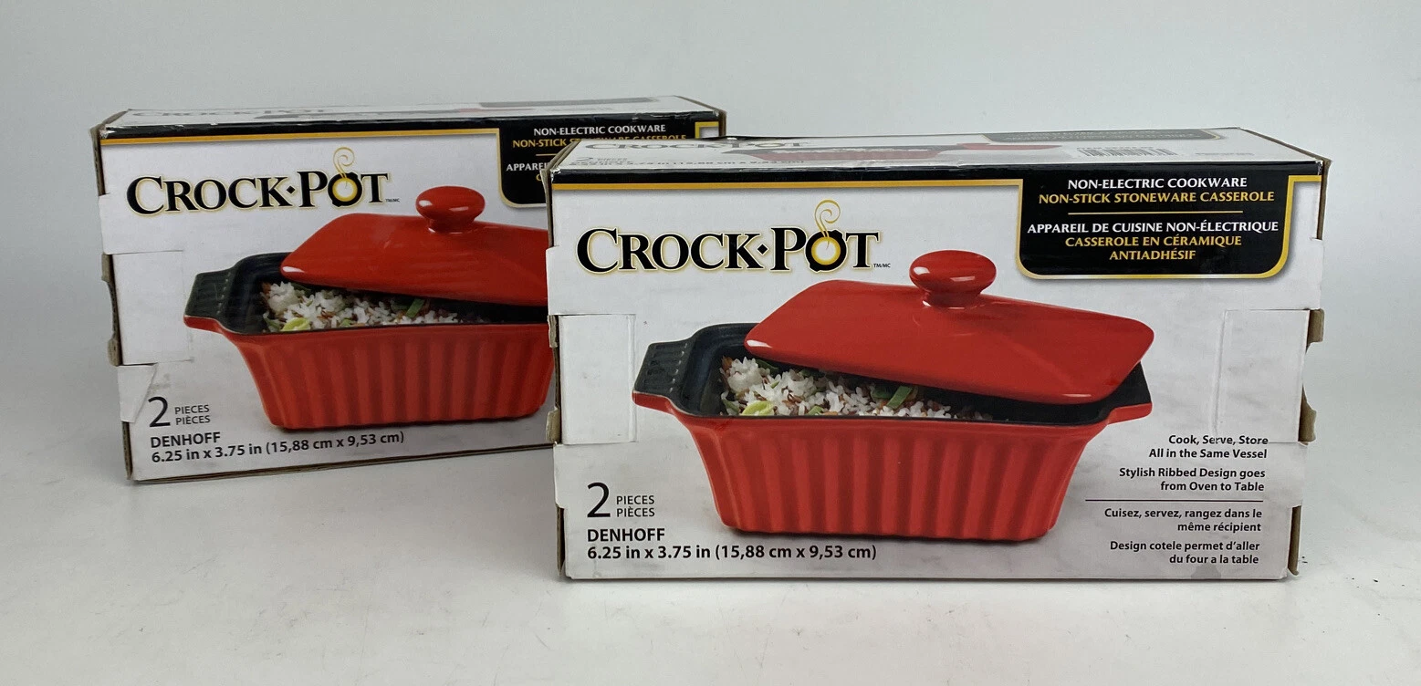 New/Box SET OF 2 CROCK-POT NON STICK STONEWARE CASSEROLE DISH With Lid 2Pc Red