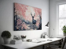 Stag in Misty Forest in Shades of Pink Wall Art Canvas Unframed Print Art
