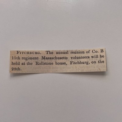 Annual Reunion of Co. B. 15th Regiment 1871 Worcester MA Clipping TAJ8-S67