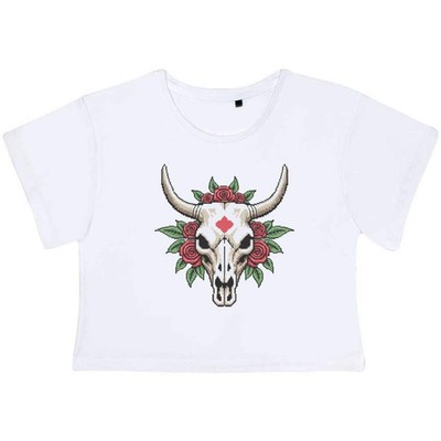 'Pixel Cow Skull & Roses' Adult Cotton Crop Top (CO060931)