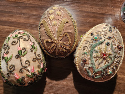Vtg Victorian Easter Egg Beaded Jeweled Velvet Satin Ribbon 3 pc Lot Large 6'' L