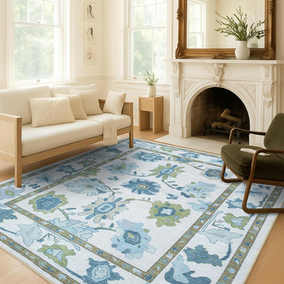Green Oushak Rug, Modern, Vintage, Turkish, Eclectic, Floral, Pastel, Washable, 