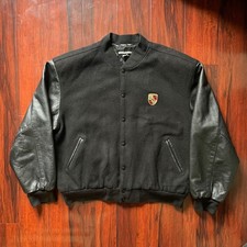 Vintage Porsche Leather Sleeve Wool Varsity Jacket Men Large Black Letterman USA